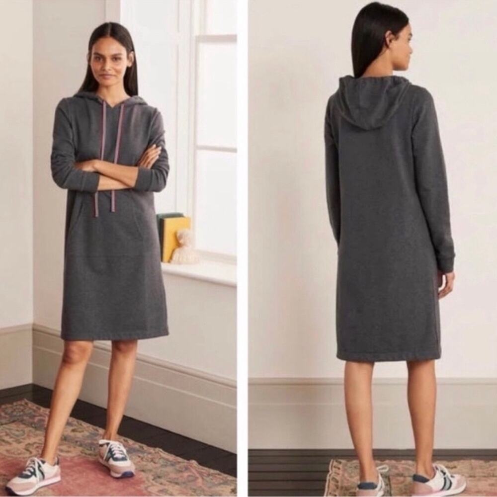 NWOT Boden Oriel Hooded Sweatshirt Dress in Gray Charcoal Marl Striped Size 4